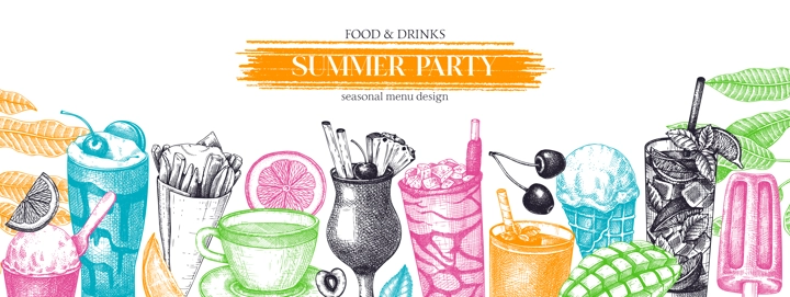 Summer party background. Non-alcoholic beverage, mocktail, ice cream, fruit, cocktail sketches. Hand drawn vector illustration. Summer food and drinks. Bar menu. Tropical design in color